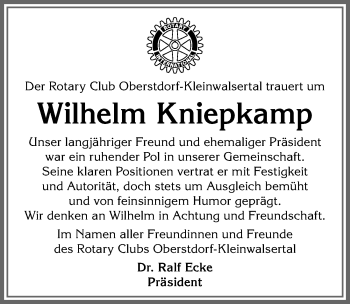 Traueranzeige von Wilhelm Kniepkamp von Allgäuer Anzeigeblatt