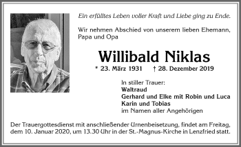 Traueranzeige von Willibald Niklas von Allgäuer Zeitung,Kempten