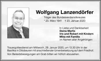 Traueranzeige von Wolfgang Lanzendörfer von Memminger Zeitung
