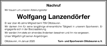 Traueranzeige von Wolfgang Lanzendörfer von Memminger Zeitung