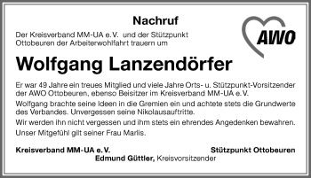Traueranzeige von Wolfgang Lanzendörfer von Memminger Zeitung