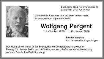 Traueranzeige von Wolfgang Pargent von Allgäuer Anzeigeblatt
