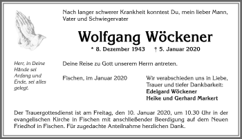Traueranzeige von Wolfgang Wöckener von Allgäuer Anzeigeblatt