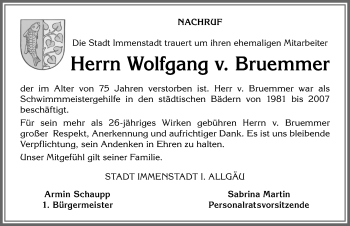 Traueranzeige von Wolfgang  v. Bruemmer von Allgäuer Anzeigeblatt