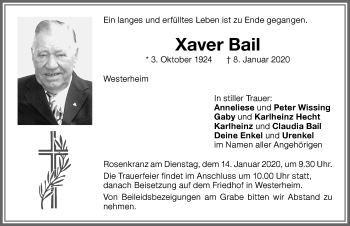 Traueranzeige von Xaver Bail von Memminger Zeitung