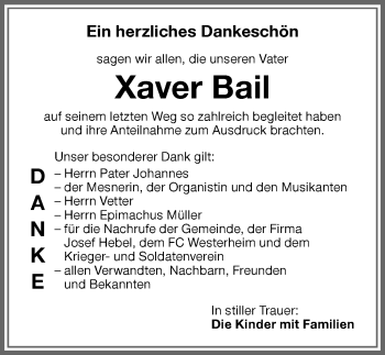 Traueranzeige von Xaver Bail von Memminger Zeitung