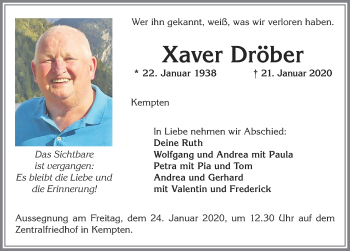 Traueranzeige von Xaver Dröber von Allgäuer Zeitung,Kempten