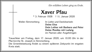 Traueranzeige von Xaver Pfau von Der Westallgäuer