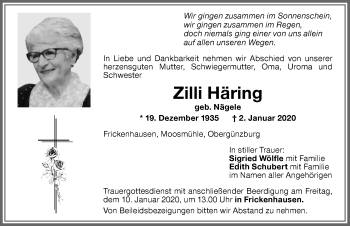 Traueranzeige von Zilli Häring von Memminger Zeitung