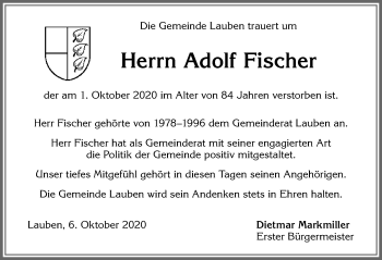 Traueranzeige von Adolf Fischer von Allgäuer Zeitung,Kempten