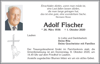 Traueranzeige von Adolf Fischer von Allgäuer Zeitung,Kempten