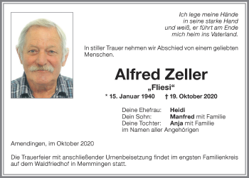 Traueranzeige von Alfred Zeller von Memminger Zeitung