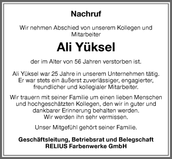 Traueranzeige von Ali Yüksel von Memminger Zeitung