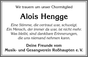 Traueranzeige von Alois Hengge von Allgäuer Zeitung