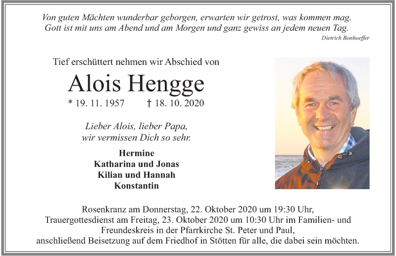  Traueranzeige für Alois Hengge vom 21.10.2020 aus Allgäuer Zeitung, Marktoberdorf