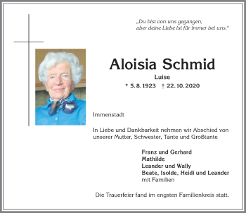 Traueranzeige von Aloisia Schmid von Allgäuer Anzeigeblatt