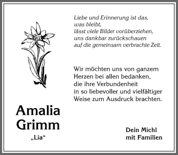 Traueranzeige von Amalia Grimm von Allgäuer Anzeigeblatt