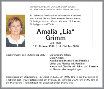 Traueranzeige von Amalia Grimm von Allgäuer Anzeigeblatt