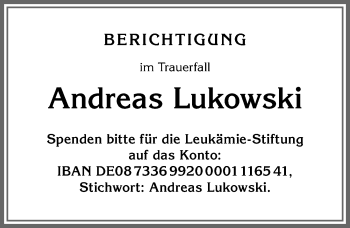 Traueranzeige von Andreas Lukowski von Allgäuer Anzeigeblatt