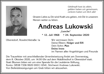 Traueranzeige von Andreas Lukowski von Allgäuer Anzeigeblatt