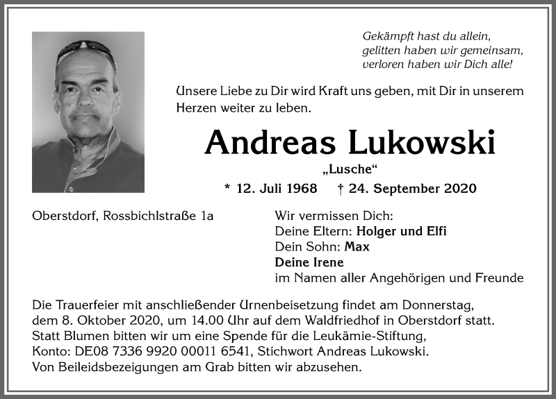  Traueranzeige für Andreas Lukowski vom 05.10.2020 aus Allgäuer Anzeigeblatt