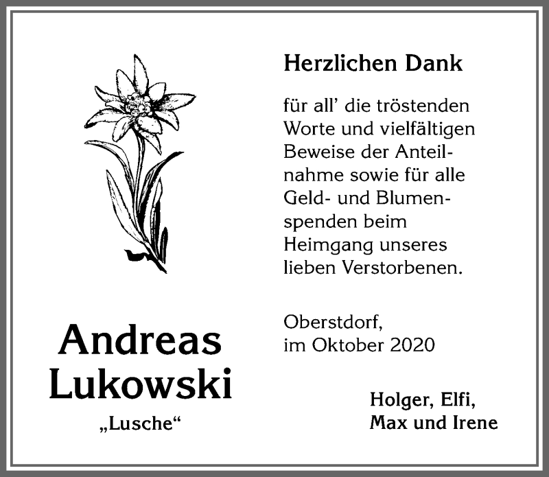  Traueranzeige für Andreas Lukowski vom 21.10.2020 aus Allgäuer Anzeigeblatt