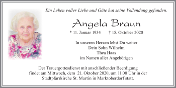 Traueranzeige von Angela Braun von Allgäuer Zeitung, Marktoberdorf