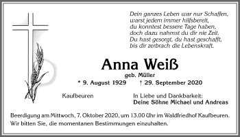 Traueranzeige von Anna Weiß von Allgäuer Zeitung, Kaufbeuren/Buchloe