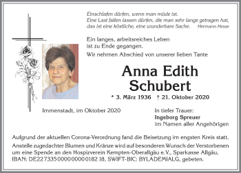 Traueranzeige von Anna Edith Schubert von Allgäuer Anzeigeblatt