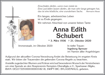 Traueranzeige von Anna Edith Schubert von Allgäuer Zeitung,Kempten
