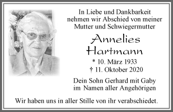 Traueranzeige von Annelies Hartmann von Allgäuer Zeitung, Füssen