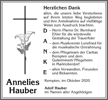 Traueranzeige von Annelies Hauber von Allgäuer Zeitung,Kempten