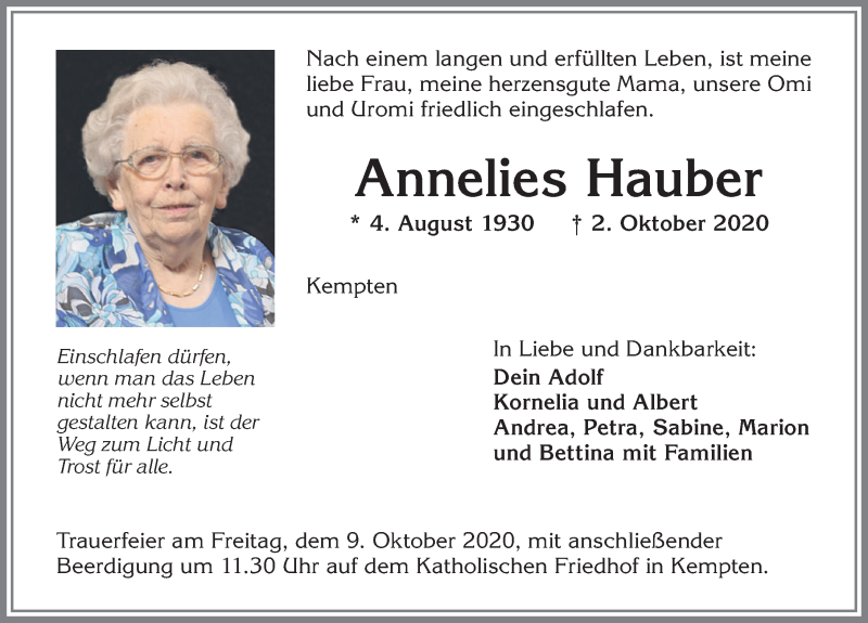  Traueranzeige für Annelies Hauber vom 07.10.2020 aus Allgäuer Zeitung,Kempten