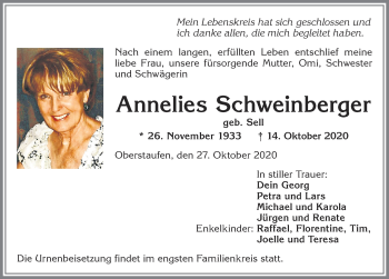 Traueranzeige von Annelies Schweinberger von Allgäuer Anzeigeblatt