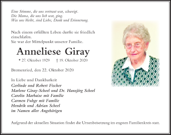Traueranzeige von Anneliese Giray von Der Westallgäuer