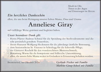 Traueranzeige von Anneliese Giray von Der Westallgäuer