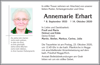 Traueranzeige von Annemarie Erhart von Allgäuer Zeitung,Kempten