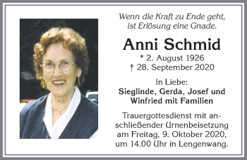 Traueranzeige von Anni Schmid von Allgäuer Zeitung