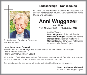 Traueranzeige von Anni Wuggazer von Memminger Zeitung