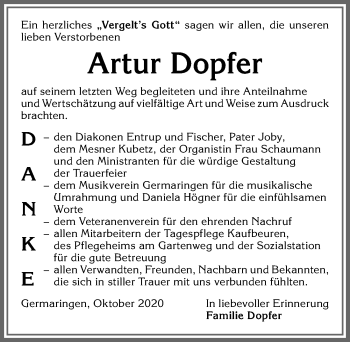 Traueranzeige von Artur Dopfer von Allgäuer Zeitung, Kaufbeuren/Buchloe