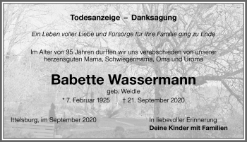 Traueranzeige von Babette Wassermann von Memminger Zeitung