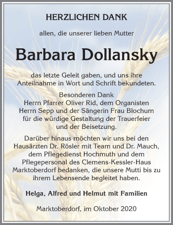Traueranzeige von Barbara Dollansky von Allgäuer Zeitung, Marktoberdorf
