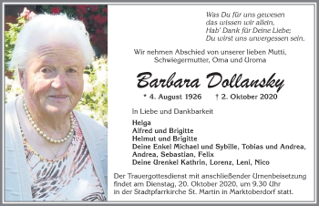 Traueranzeige von Barbara Dollansky von Allgäuer Zeitung, Marktoberdorf