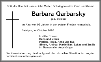 Traueranzeige von Barbara Garbarsky von Allgäuer Zeitung,Kempten
