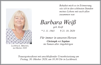Traueranzeige von Barbara Weiß von Allgäuer Zeitung, Füssen