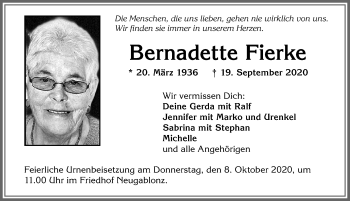 Traueranzeige von Bernadette Fierke von Allgäuer Zeitung, Kaufbeuren/Buchloe