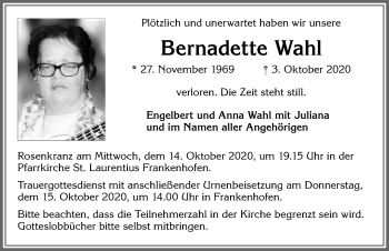 Traueranzeige von Bernadette Wahl von Allgäuer Zeitung, Kaufbeuren/Buchloe