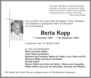 Traueranzeige von Berta Kopp von Allgäuer Anzeigeblatt