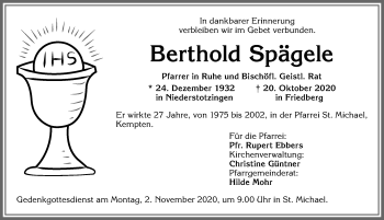 Traueranzeige von Berthold Spägele von Allgäuer Zeitung,Kempten