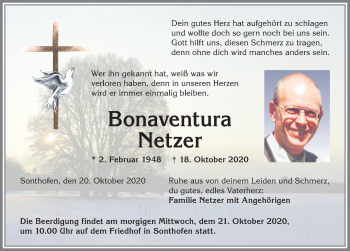 Traueranzeige von Bonaventura Netzer von Allgäuer Anzeigeblatt
